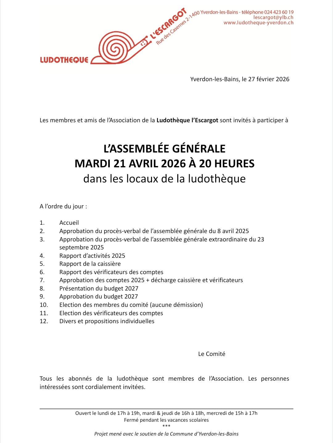 Ordre du jour AG 2026